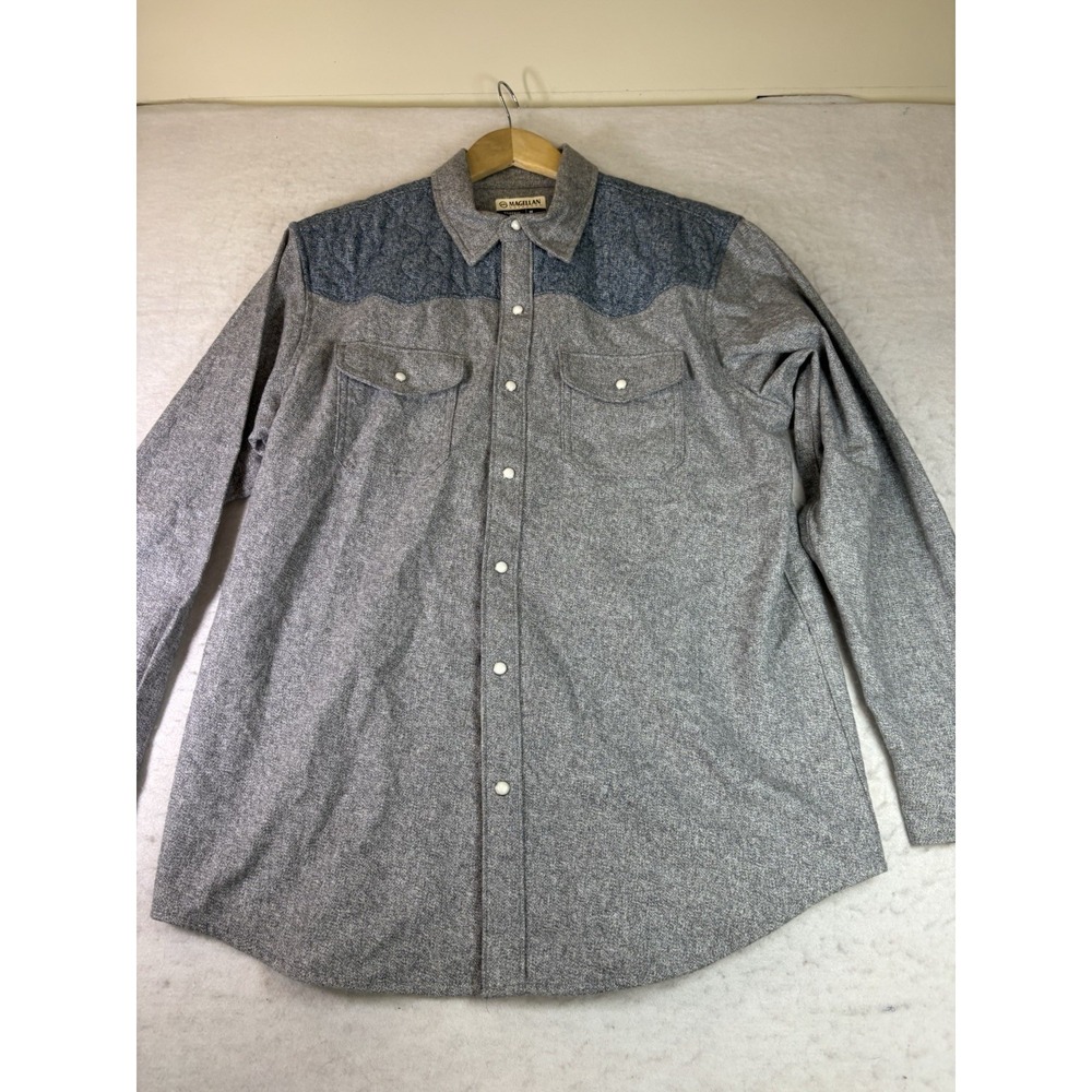 Magellan Outdoors Shirt Mens M Gray/Blue Quilted Western Pearl Snap Pecos Ridge